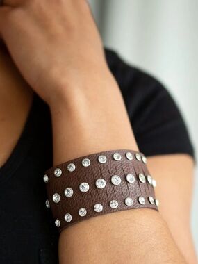 Wide Brown Studded Leather wrap Bracelet